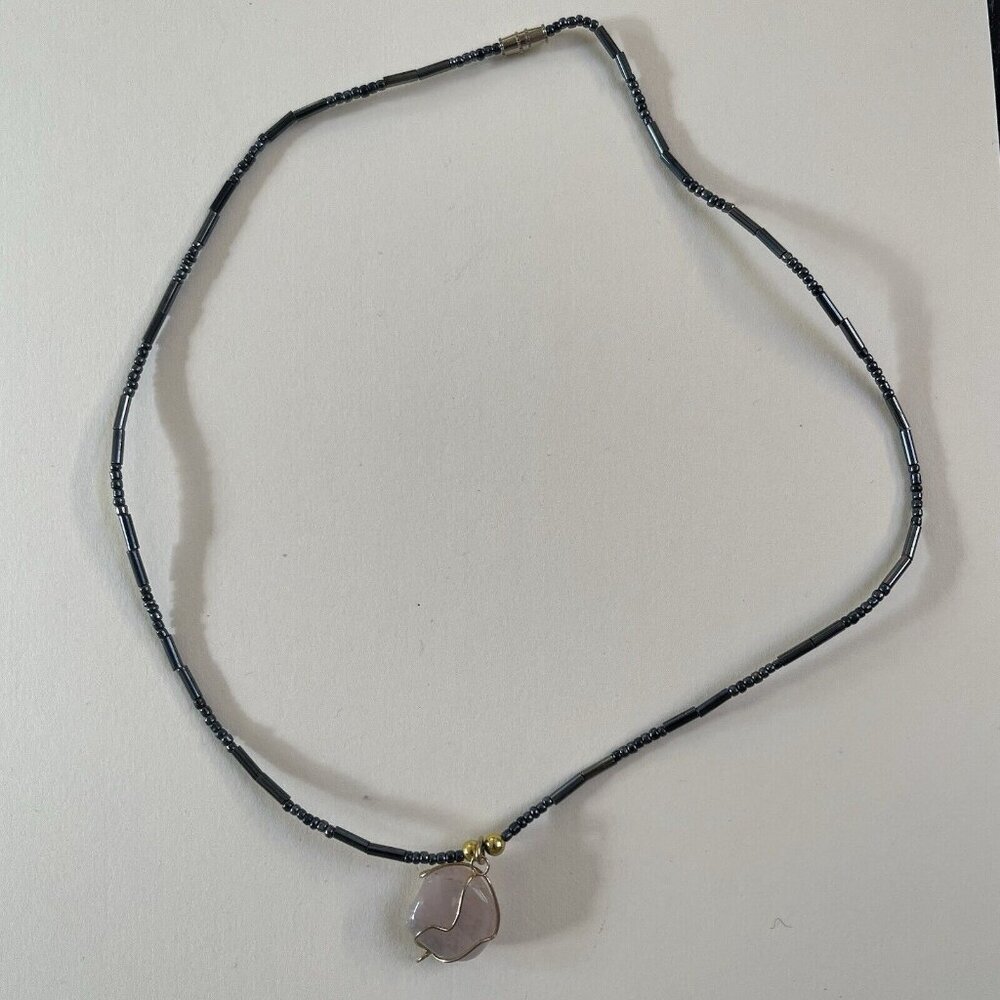 Wire Wrap Rose Quartz Pendant Necklace Jewelry‎ Beaded Chain